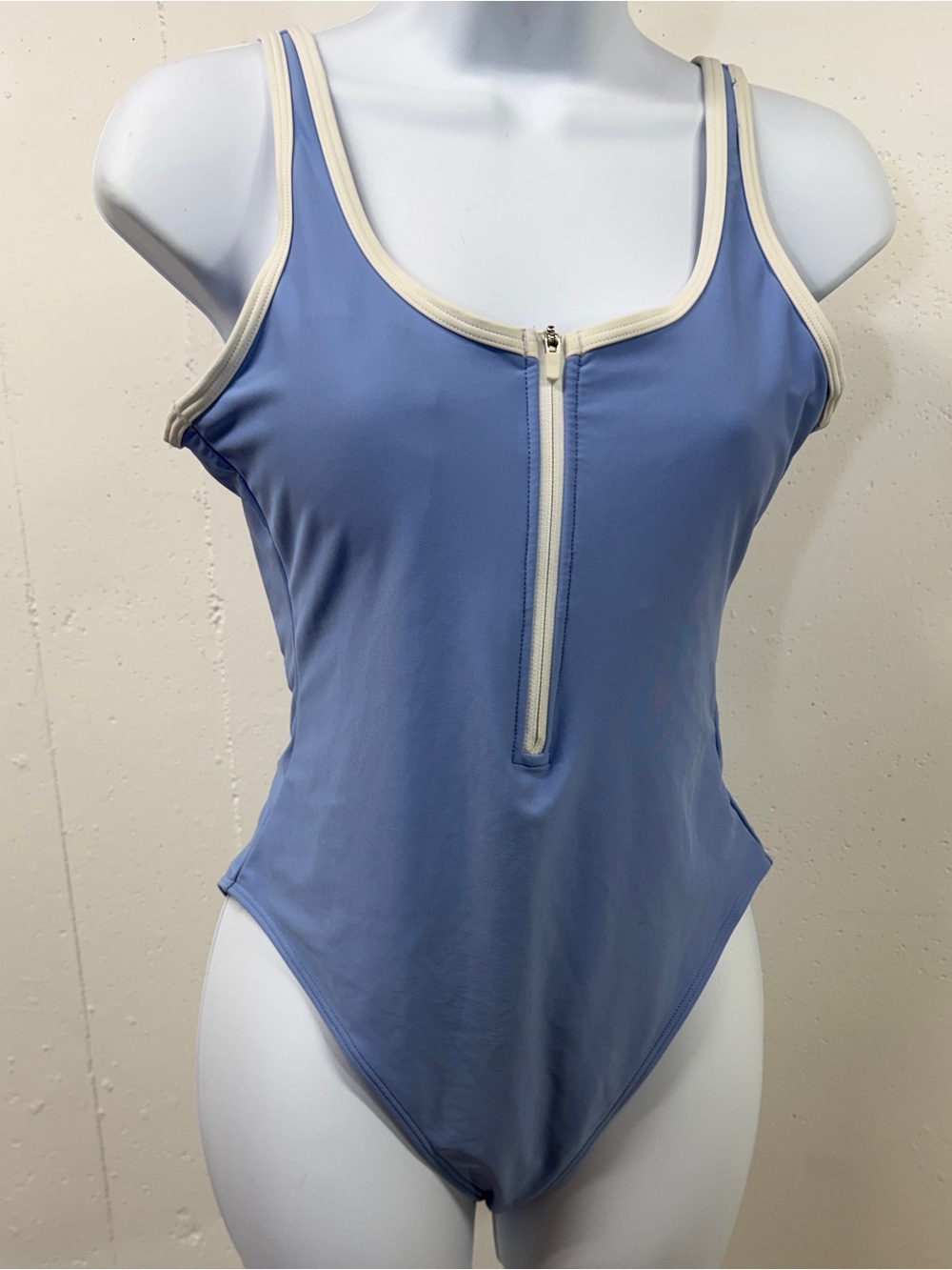 Old Navy Light Blue One-Piece Swimsuit with Cream Trim and Front Zip